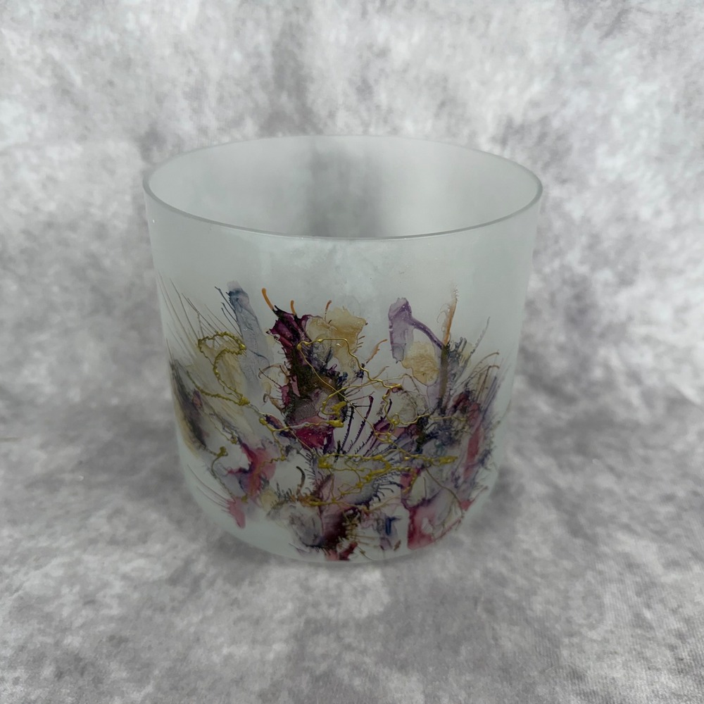 Vtg Frosted Art‎ Glass Jar Candle Holder Abstract Watercolor Floral Gold Accents